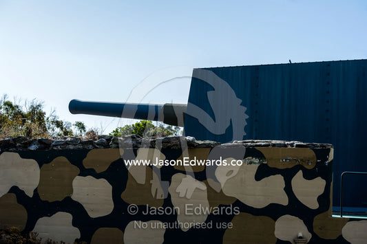 The camouflaged cannon at the De Waal Battery on Robben Island. Robben Island, Cape Town, Bloubergstrand, Table Bay, Western Cape, South Africa.