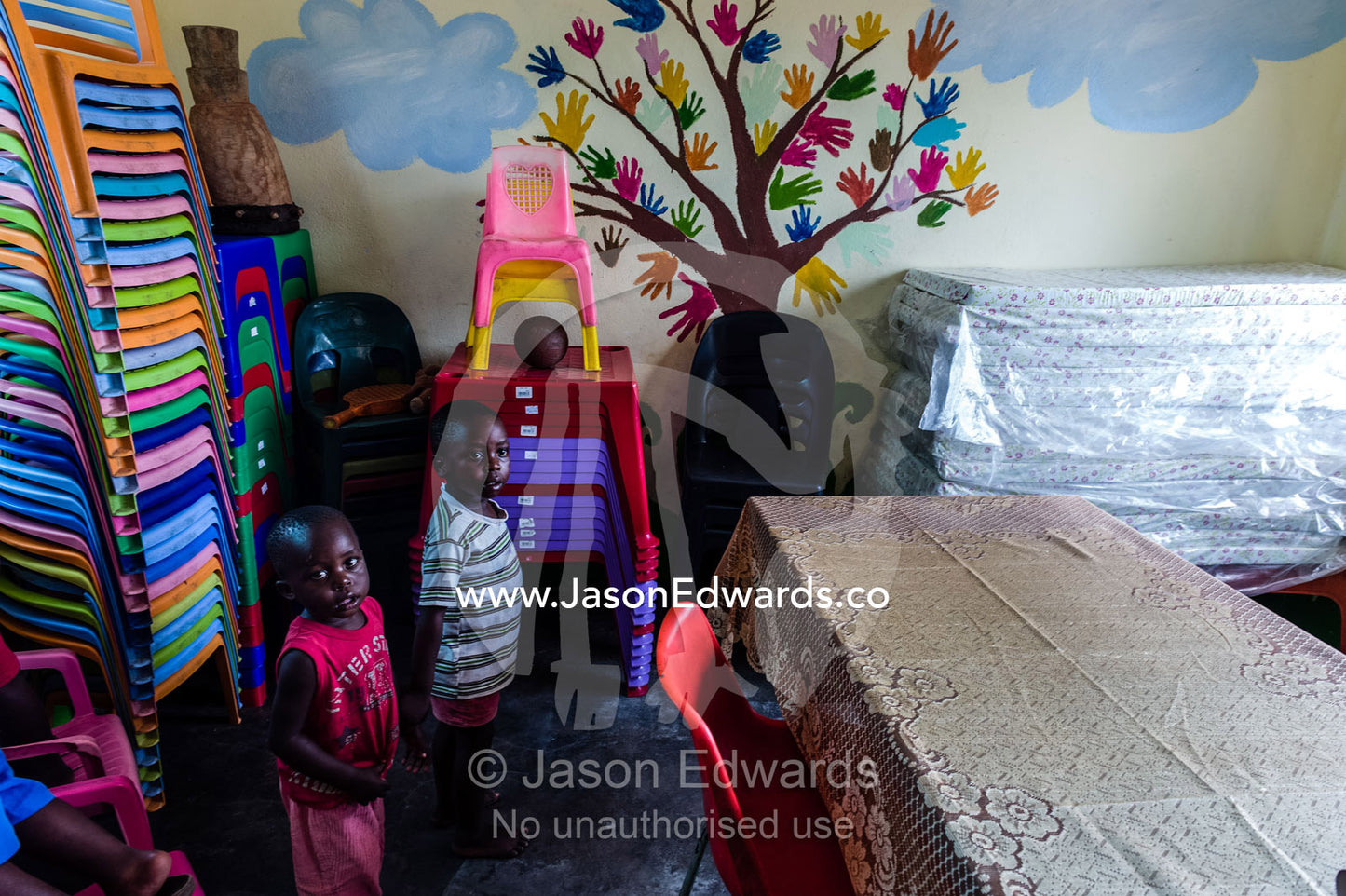 Children waiting in a classroom of a small African Primary school. Kruger National Park, Manyeleti, Shalati Village, Mnisi Community, Limpopo, South Africa.