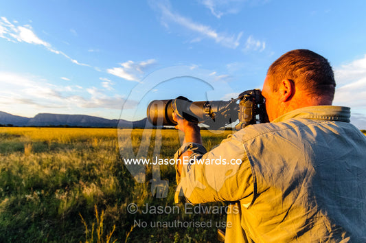 A photographer captures a savannah plain at sunset. Waterberg Mountains, Entabeni Game Reserve, Limpopo Province, South Africa.