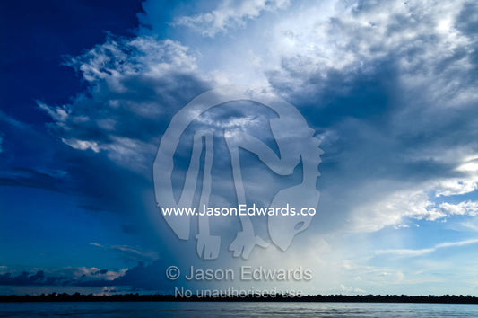 A rainstorm delivers its deluge over the rainforest on the shore of the Amazon River. Amazon River, Rio Amazonas, Amazon Basin, Loreto Region, Maynas Province, Peru.