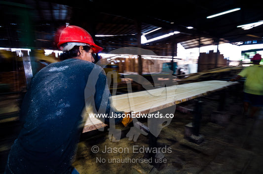 Laborers feed timber planks into a band saw in an Amazonian logging mill. Puerto Masusa, Iquitos, Amazon Basin, Loreto Region, Maynas Province, Peru.