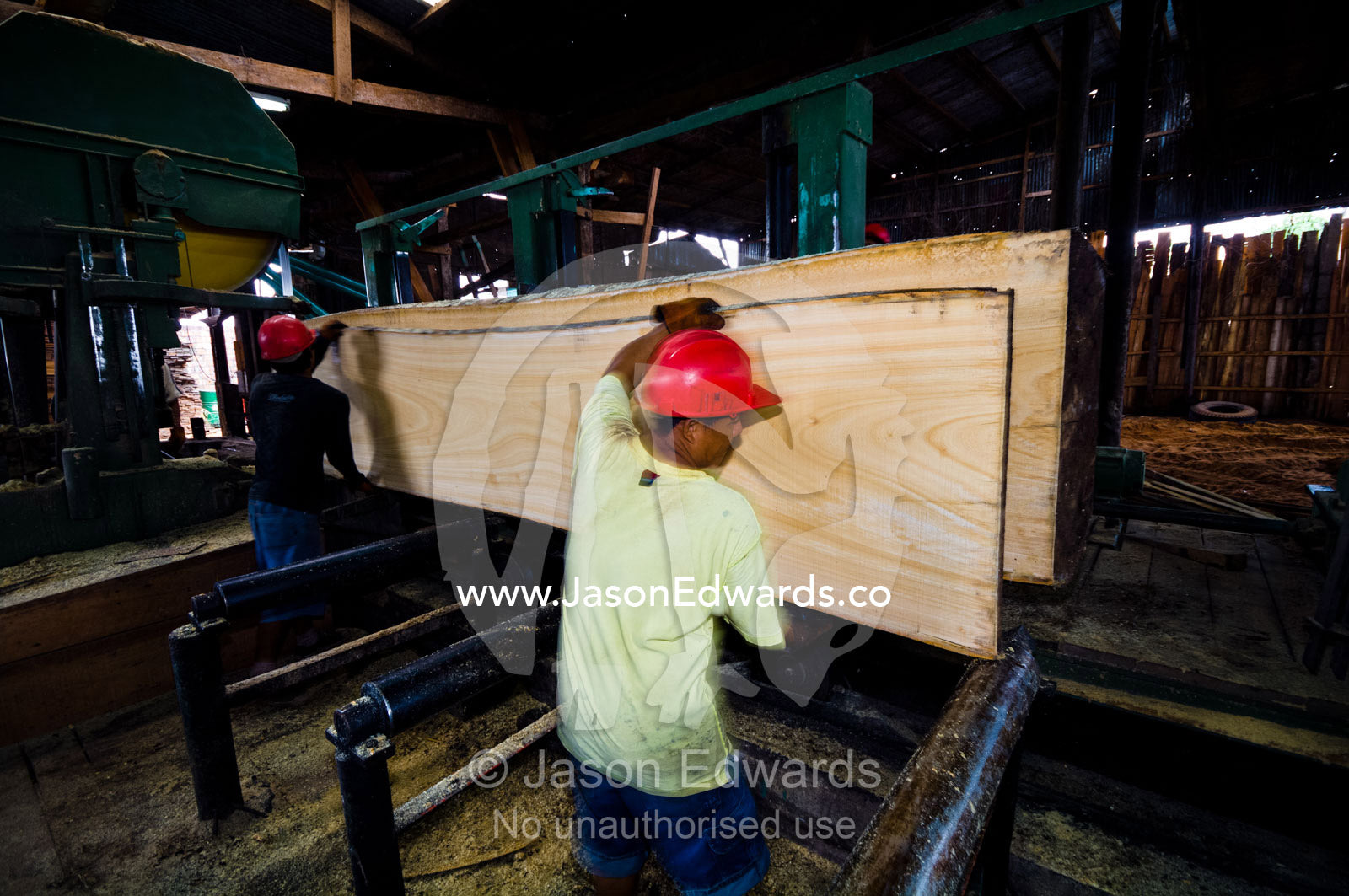 Laborers remove timber planks from a band saw cutting up an Amazon rainforest tree in a logging mill. Puerto Masusa, Iquitos, Amazon Basin, Loreto Region, Maynas Province, Peru.