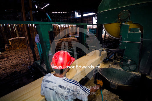 A laborer in a logging mill trims timber from a rainforest tree using a large band saw. Puerto Masusa, Iquitos, Amazon Basin, Loreto Region, Maynas Province, Peru.