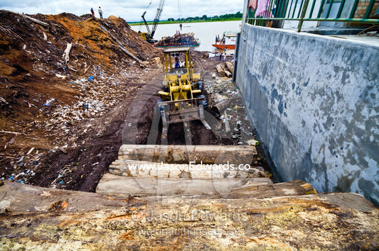 An articulated loader stacks logs cut from rainforest trees to be processed in a logging mill. Puerto Masusa, Iquitos, Amazon River, Rio Amazonas, Amazon Basin, Loreto Region, Maynas Province, Peru.