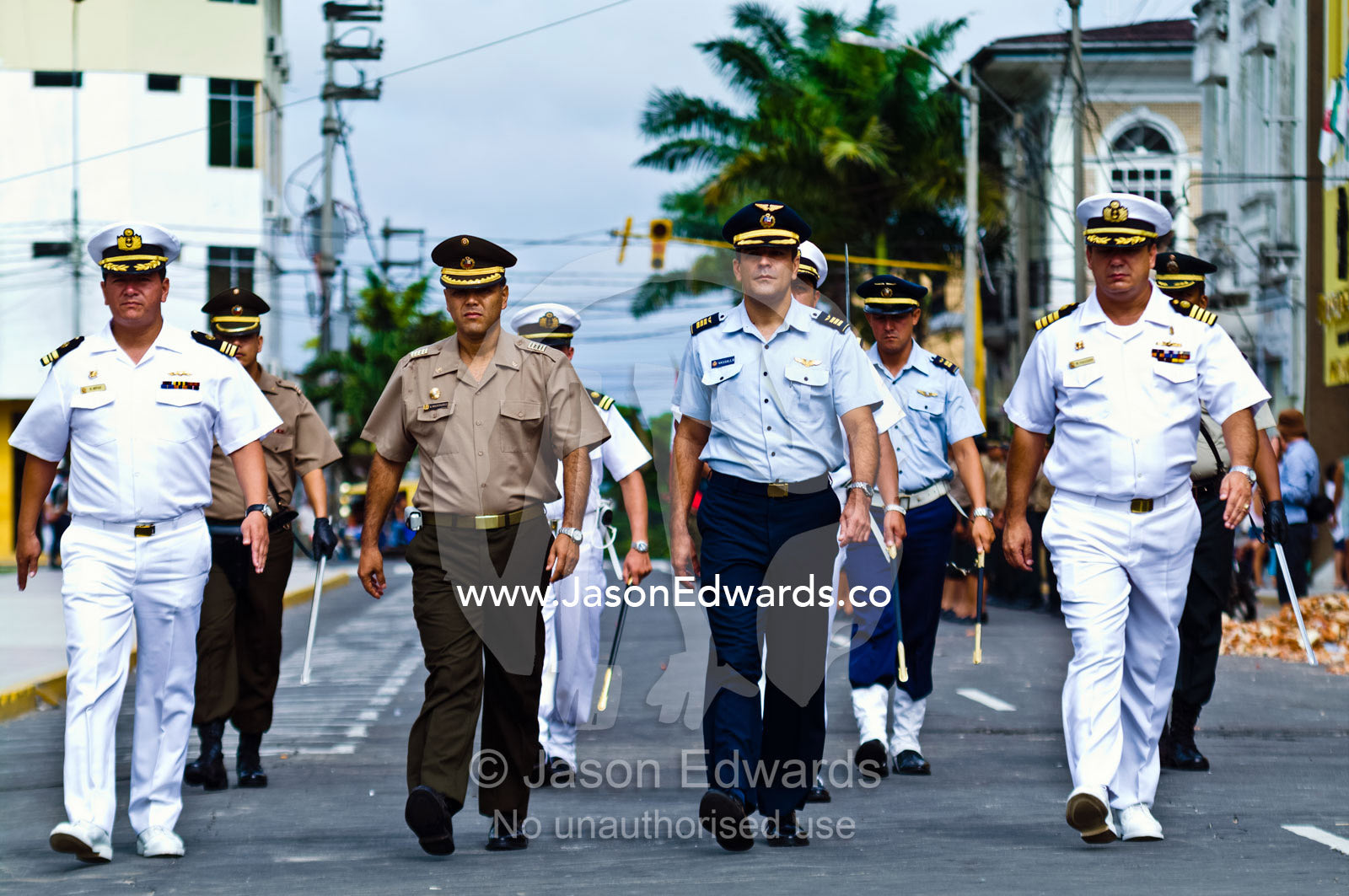 Peruvian military officers from the Army, Airforce and Navy parade around the Plaza de Armas. Plaza de Armas, Iquitos, Amazon Basin, Loreto Region, Maynas Province, Peru.
