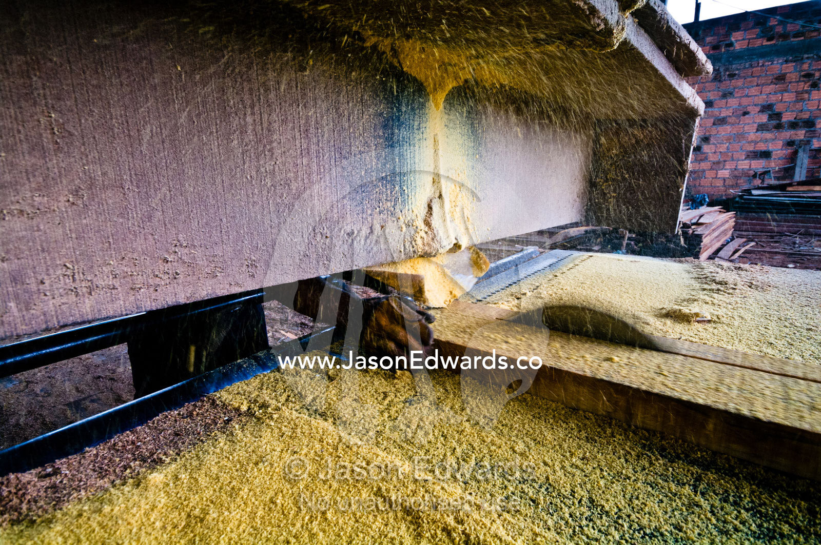 Sawdust flies from a rainforest timber plank cut by a jigsaw blade in a logging mill. Puerto Masusa, Iquitos, Amazon Basin, Loreto Region, Maynas Province, Peru.