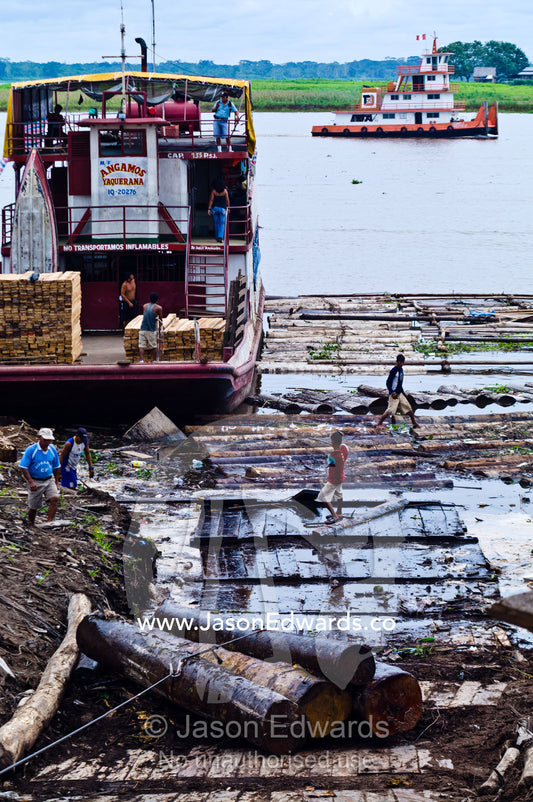 A steel cable hauls logs cut from rainforest trees up a ramp to be processed at a logging mill. Puerto Masusa, Iquitos, Amazon River, Rio Amazonas, Amazon Basin, Loreto Region, Maynas Province, Peru.