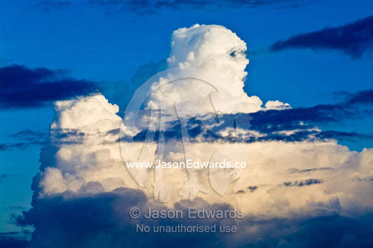 White thunderhead clouds billow into the sky as a storm brews above the Amazon rainforest. Parque de Quistococha, Quistococha Zoo, Iquitos, Amazon Basin, Loreto Region, Maynas Province, Peru.