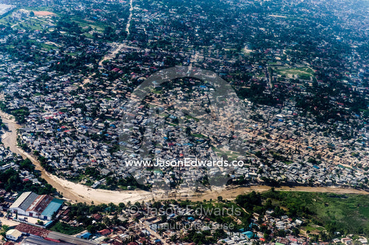 A densely populated suburban community crowded around Dar es Salaam's urban sprawl. Dar es Salaam, Tanzania.