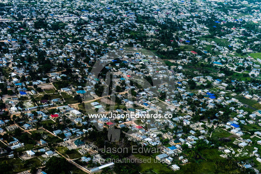 A densely populated community crowded around Dar es Salaam's urban sprawl. Dar es Salaam, Tanzania.