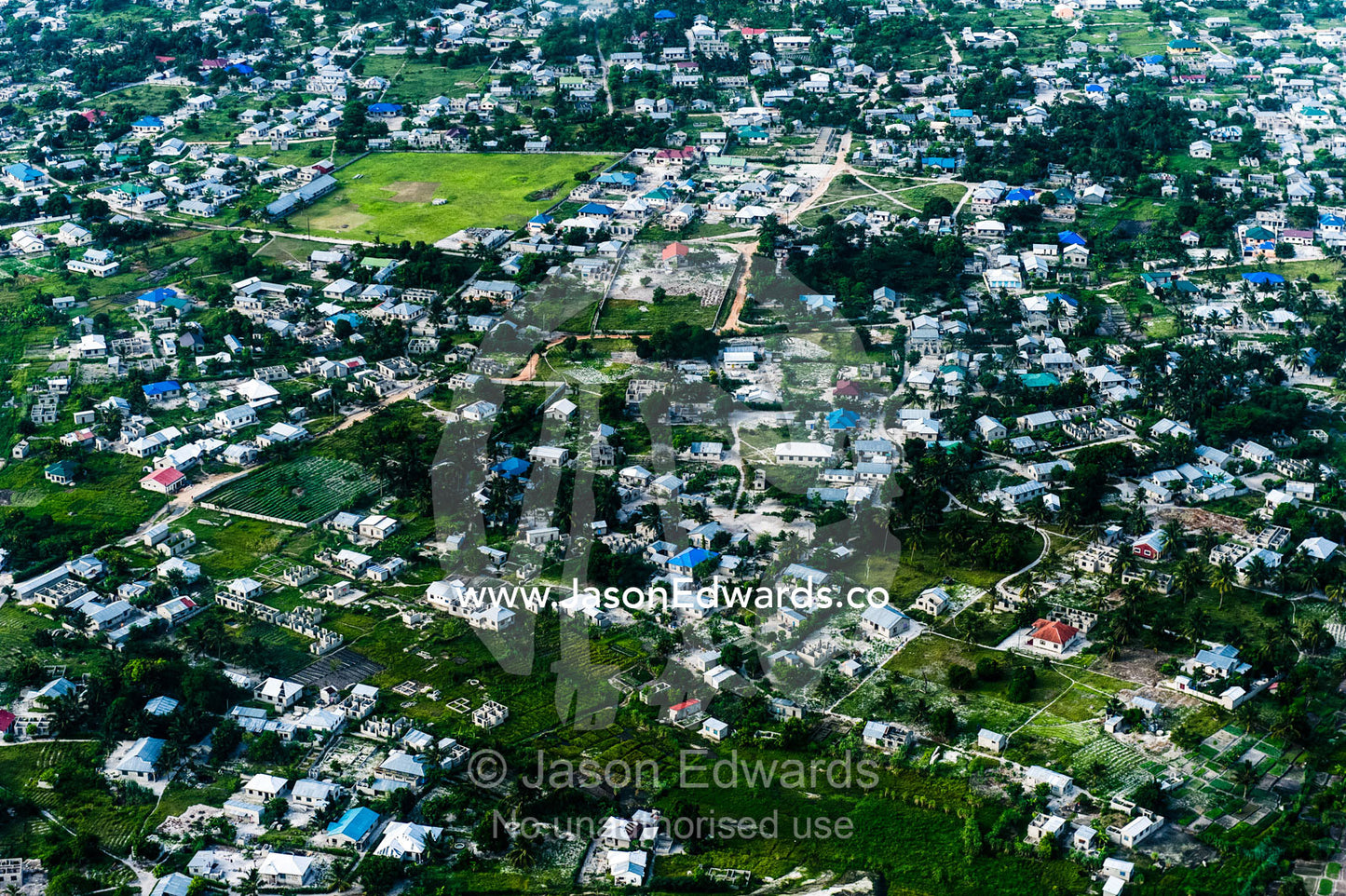 A densely populated community crowded around Dar es Salaam's urban sprawl. Dar es Salaam, Tanzania.