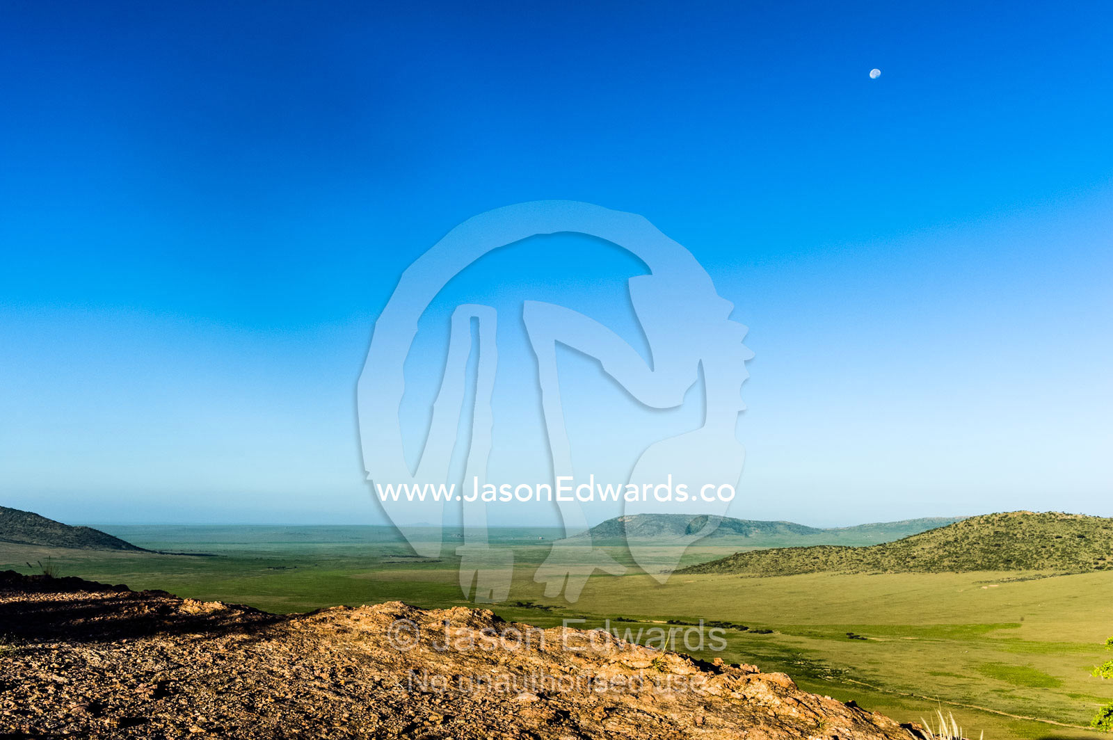 The stoney summit of a rocky outcrop overlooking the savannah plain at dawn. Arusha, Nasera Rock, Angata Kiti Valley, Ngorongoro Conservation Area, Crater Highlands, Tanzania.
