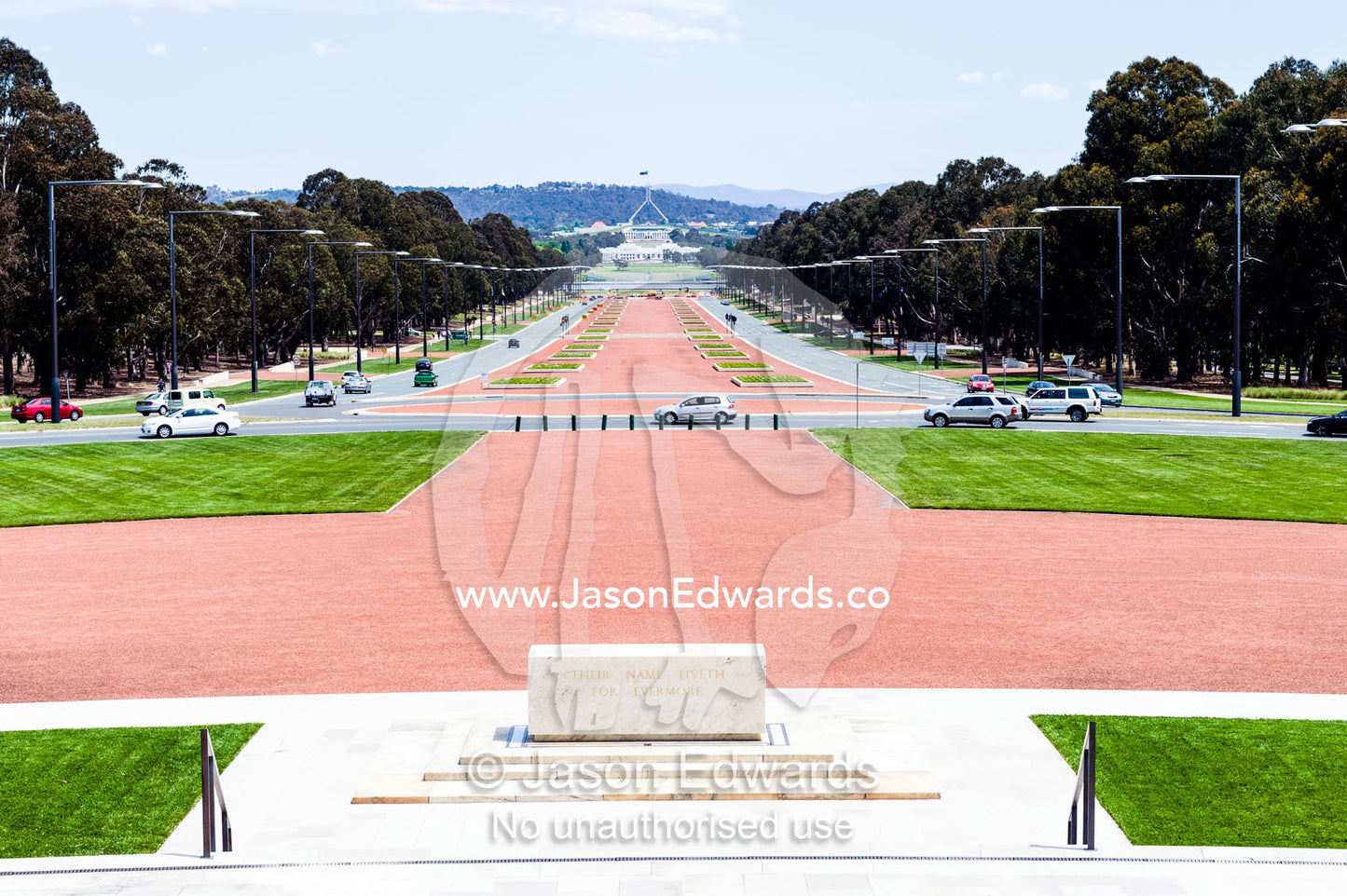 Looking down ANZAC Parade to Capital Hill and Parliament House from the entrance of the Australian War Memorial. Australian War Memorial, Canberra, Australian Capital Territory, Australia.