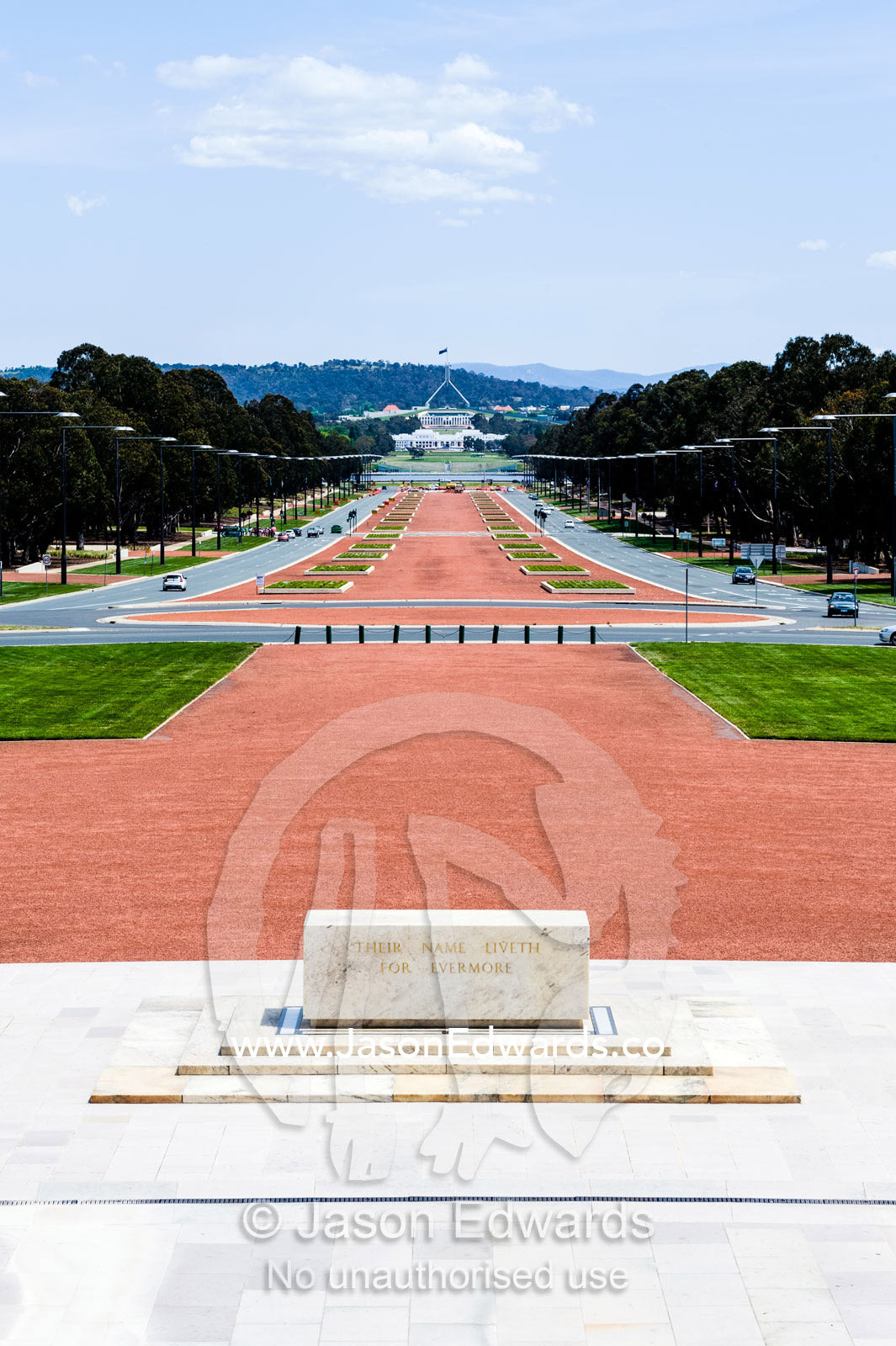 Looking down ANZAC Parade to Capital Hill and Parliament House from the entrance of the Australian War Memorial. Australian War Memorial, Canberra, Australian Capital Territory, Australia.