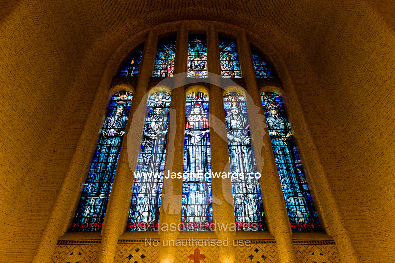 Stained glass windows in the Hall of Memory of the Australian War Memorial. Australian War Memorial, Canberra, Australian Capital Territory, Australia.