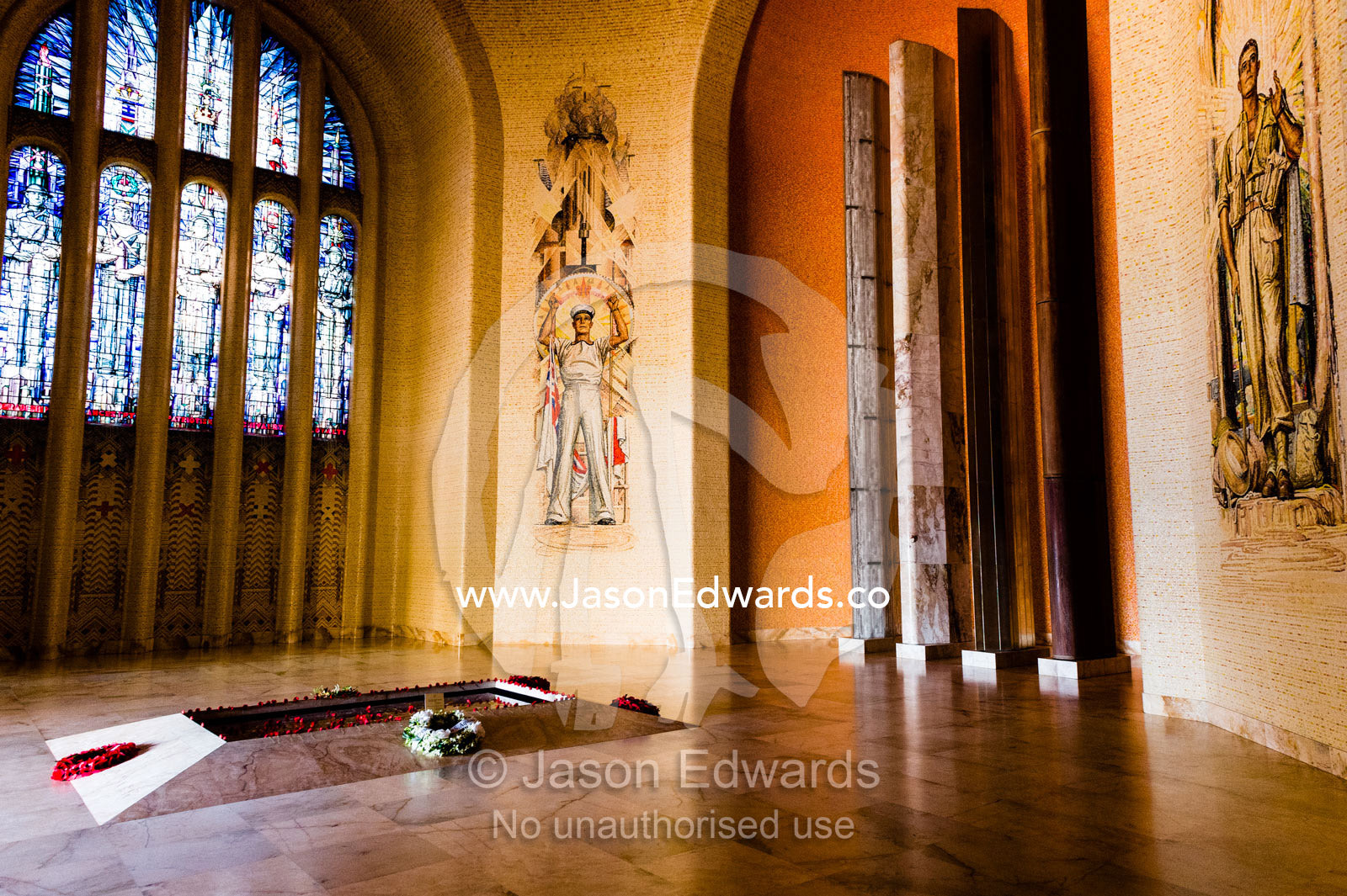 Mosaic walls and stained glass windows in the Hall of Memory where the Tomb of the Unknown Soldier rests. Australian War Memorial, Canberra, Australian Capital Territory, Australia.