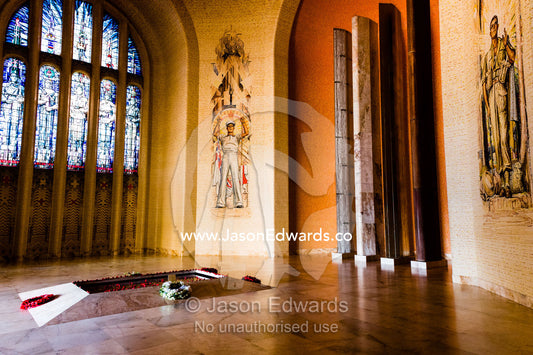Mosaic walls and stained glass windows in the Hall of Memory where the Tomb of the Unknown Soldier rests. Australian War Memorial, Canberra, Australian Capital Territory, Australia.