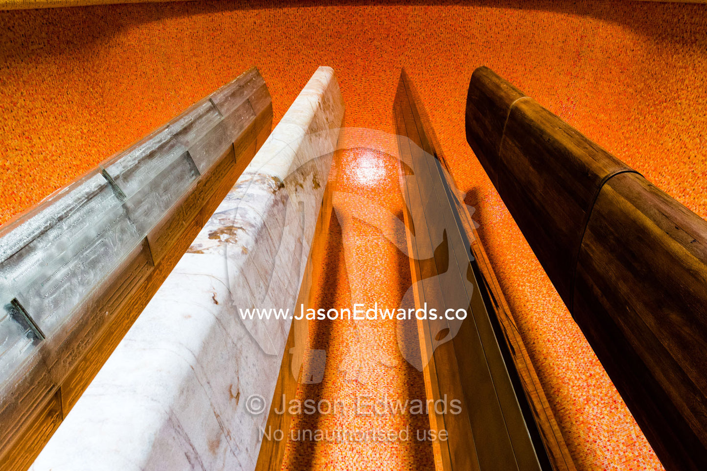 The Four Pillars sculpture in the Hall of Memory representing earth, fire, air and water. Australian War Memorial, Canberra, Australian Capital Territory, Australia.
