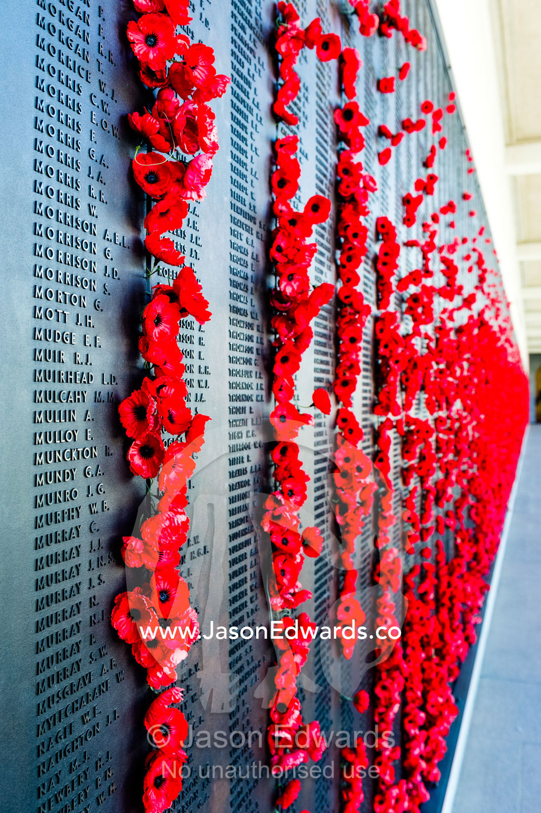 The Roll of Honour and the names of fallen soldiers remembered with bright red poppies overlook the Hall of Memory. Australian War Memorial, Canberra, Australian Capital Territory, Australia.