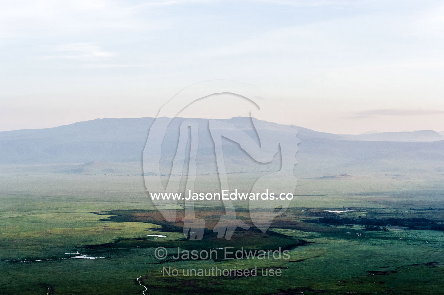 The lush savannah plain of an extinct volcano surrounded by a caldera wall. Ngorongoro Crater, Ngorongoro Conservation Area, Ngorongoro District, Tanzania.
