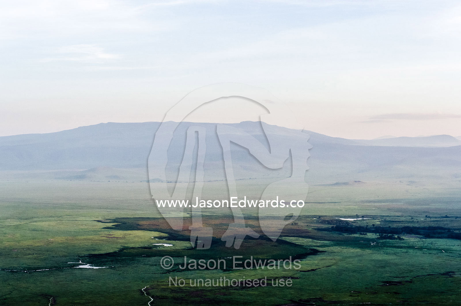 The lush savannah plain of an extinct volcano surrounded by a caldera wall. Ngorongoro Crater, Ngorongoro Conservation Area, Ngorongoro District, Tanzania.