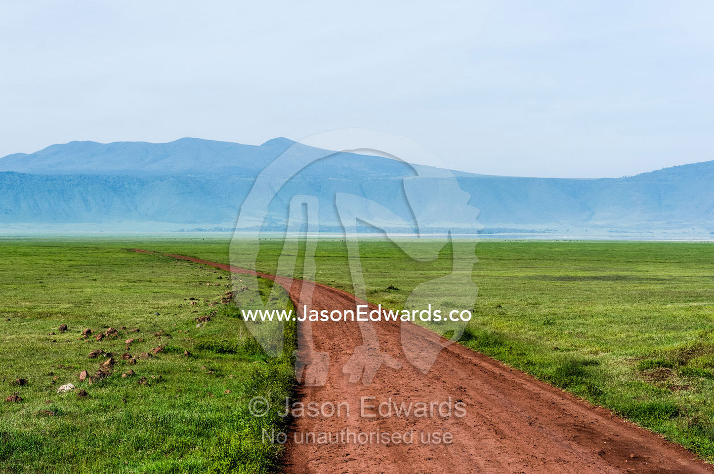 A dirt road crosses a savannah plain on the floor of a volcano caldera. Ngorongoro Crater, Ngorongoro Conservation Area, Ngorongoro District, Tanzania.
