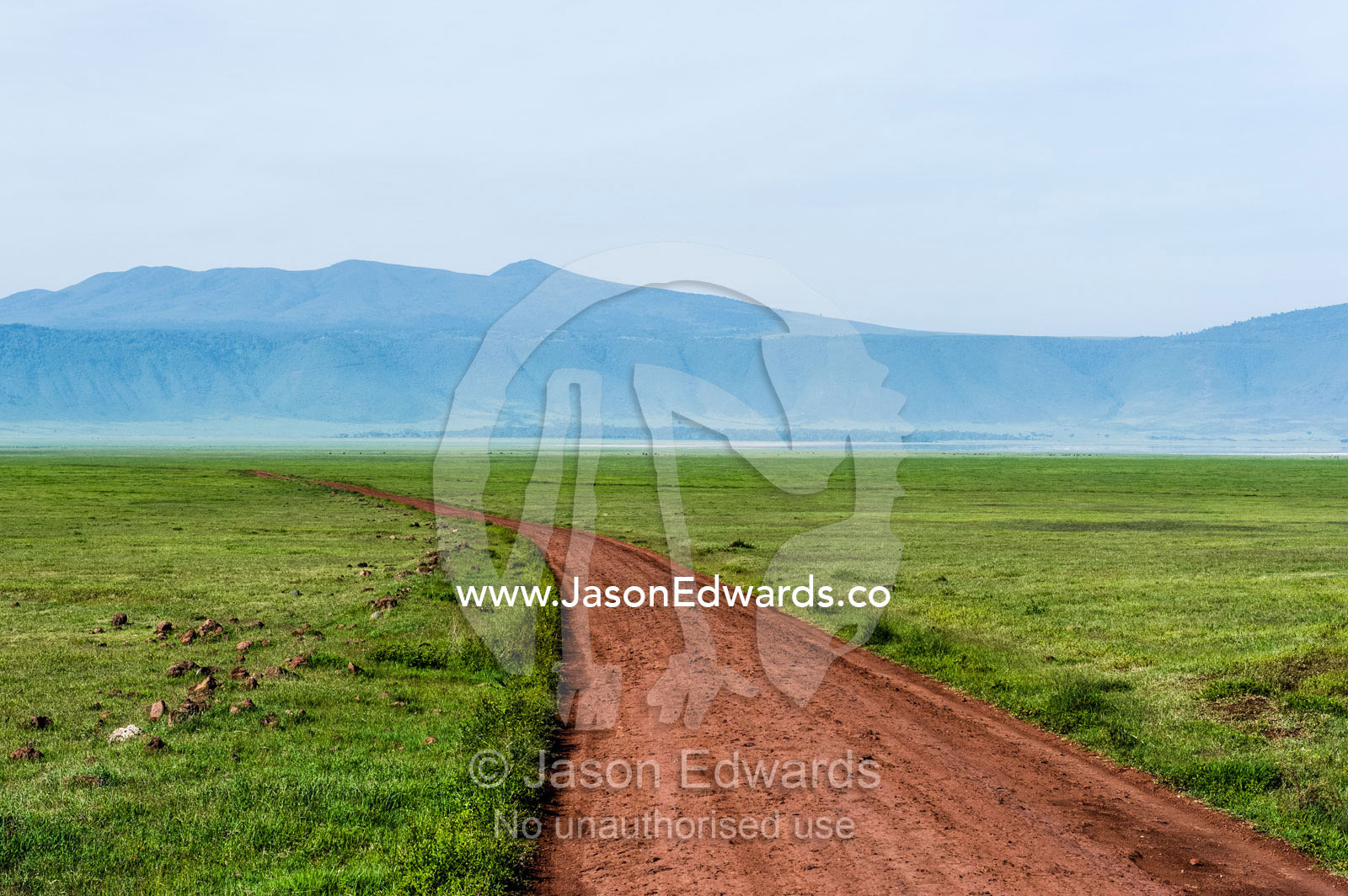 A dirt road crosses a savannah plain on the floor of a volcano caldera. Ngorongoro Crater, Ngorongoro Conservation Area, Ngorongoro District, Tanzania.