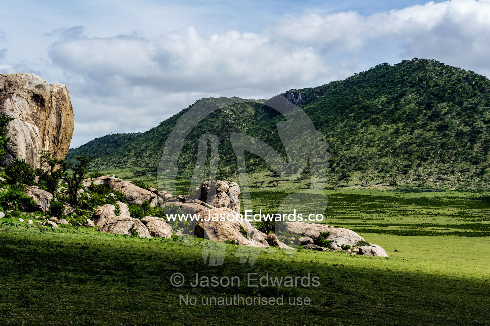 A tumble of granite boulders known as a kopje rises over the savannah plain. Ngorongoro Conservation Area, Ngorongoro District, Tanzania.