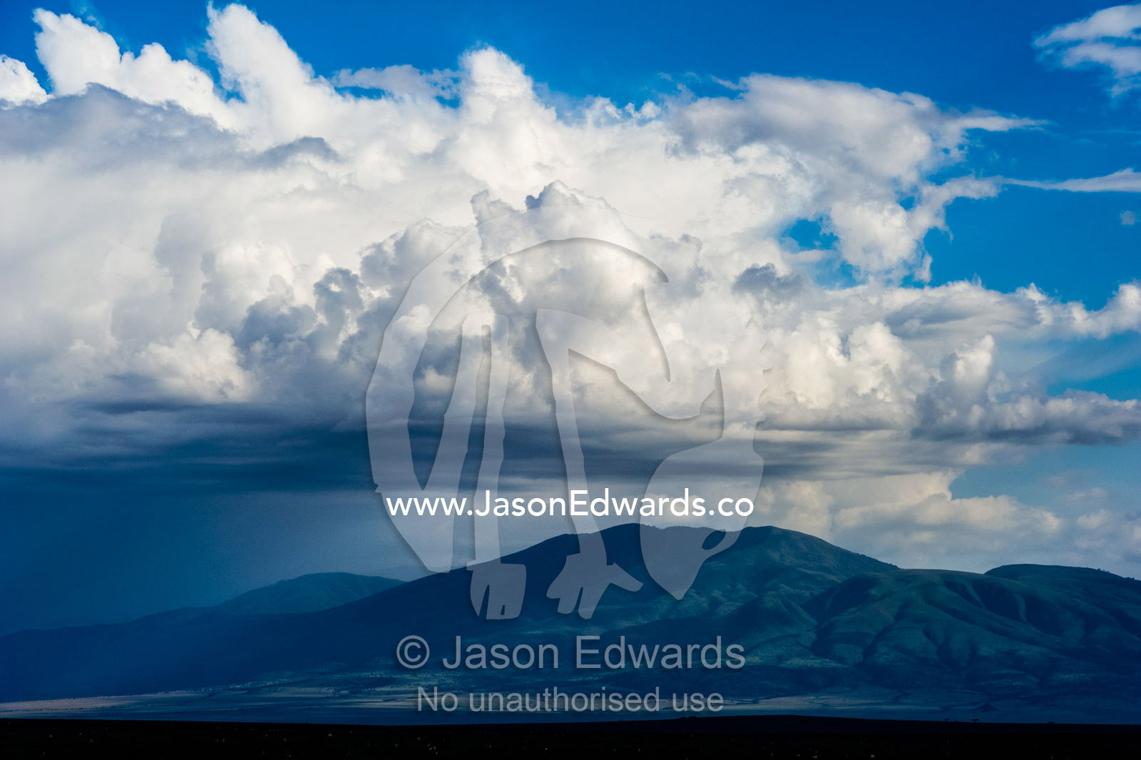 Billowing clouds gather around the summit of a mountain above the plain. Ngorongoro Conservation Area, Ngorongoro District, Tanzania.