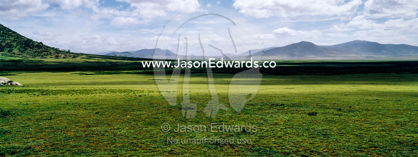 Shadows fall across a vast savannah plain to distant mountains on the horizon. Ngorongoro Conservation Area, Ngorongoro District, Tanzania, Africa.