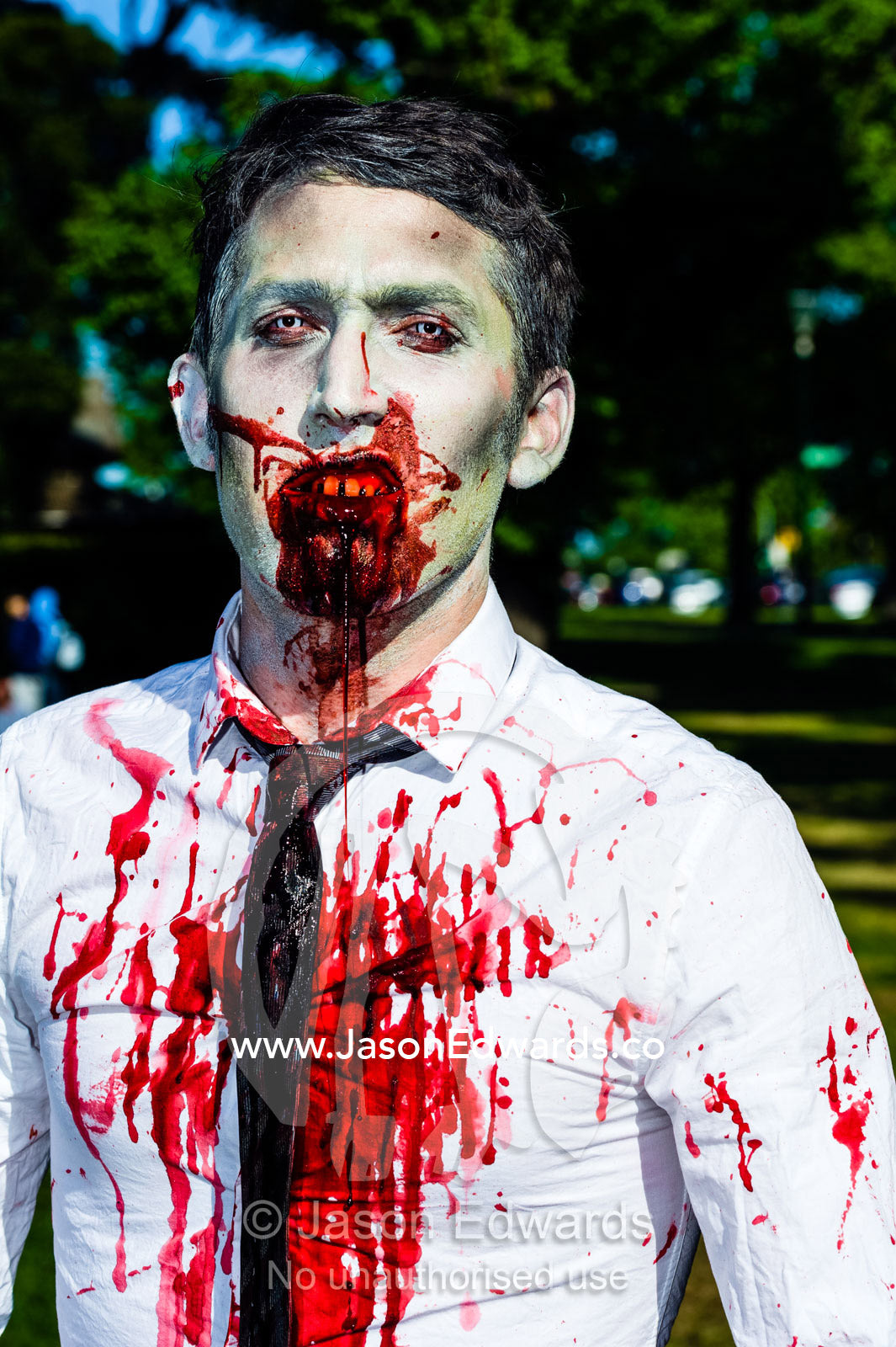 A snarling modern businessman dripping blood dressed as a zombie. Queen Victoria Gardens, Royal Botanic Gardens, South Yarra, Melbourne, Victoria, Australia.