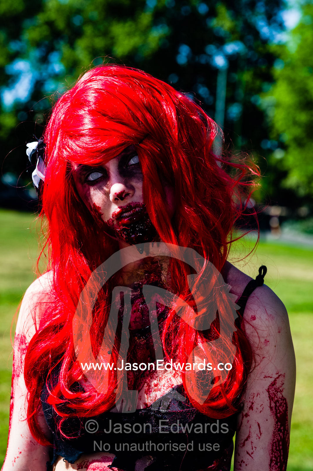 A flaming red-haired zombie drooling blood over a bra at a festival. Queen Victoria Gardens, Royal Botanic Gardens, South Yarra, Melbourne, Victoria, Australia.