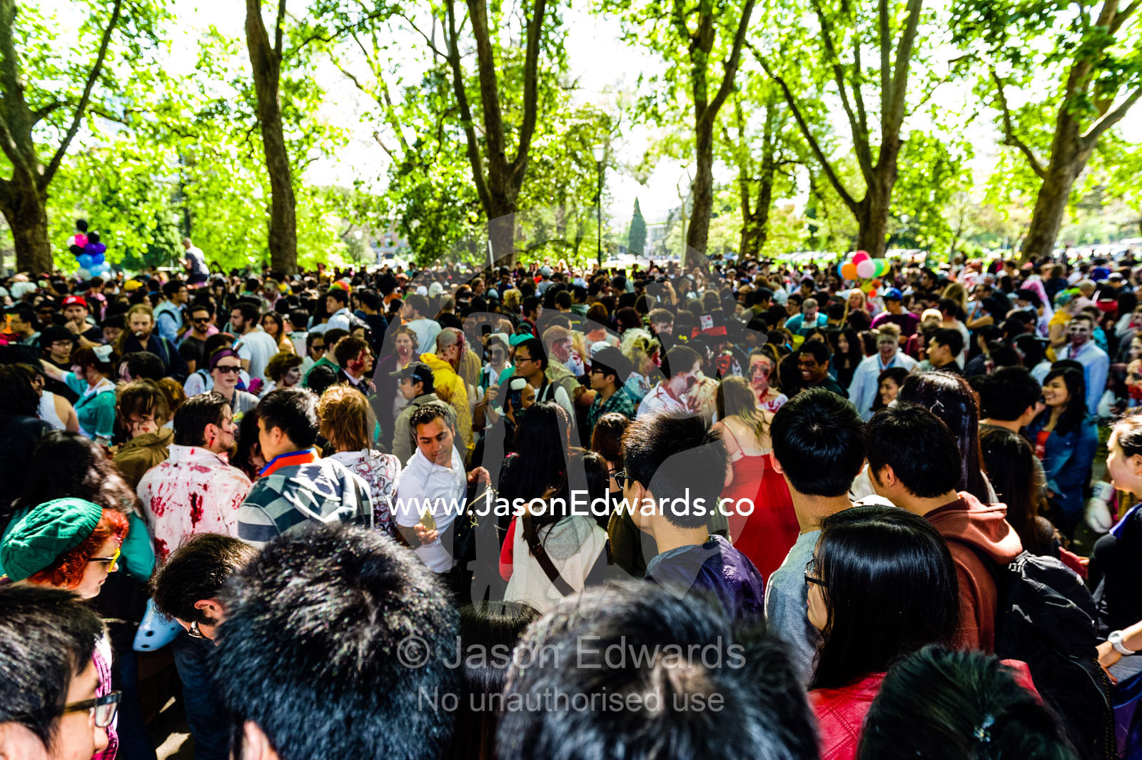An enormous crowd of zombie fans and onlookers at a zombie walk festival. Carlton Gardens, World Heritage Site, Carlton, Melbourne, Victoria, Australia.