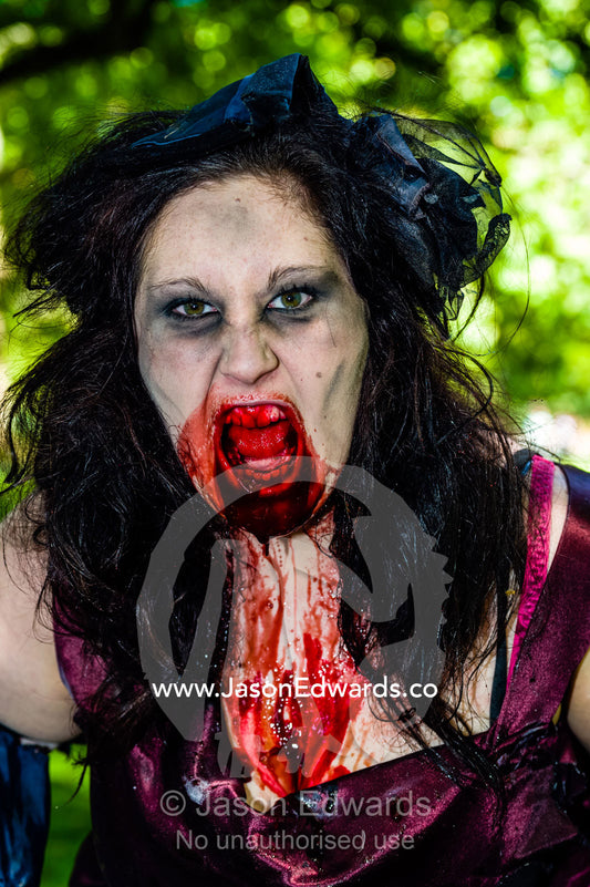 A woman dressed as snarling violent zombie drooling blood. Carlton Gardens, World Heritage Site, Carlton, Melbourne, Victoria, Australia.