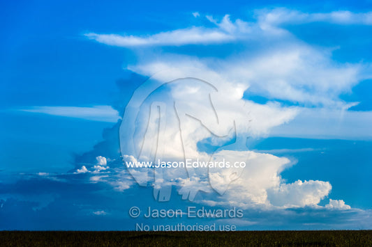 An enormous cumulonimbus develops over a vast and featureless savannah plain. Serengeti National Park, Serengeti, Tanzania.