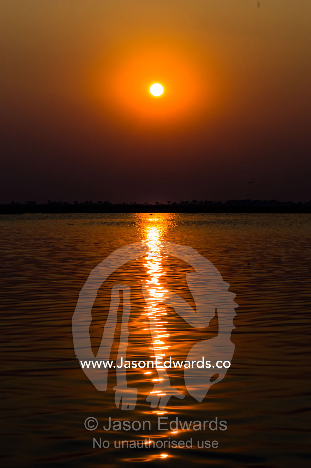 A bright orange sunset reflected in the calm surface of a wetland. Chobe River, Chobe National Park, Botswana.
