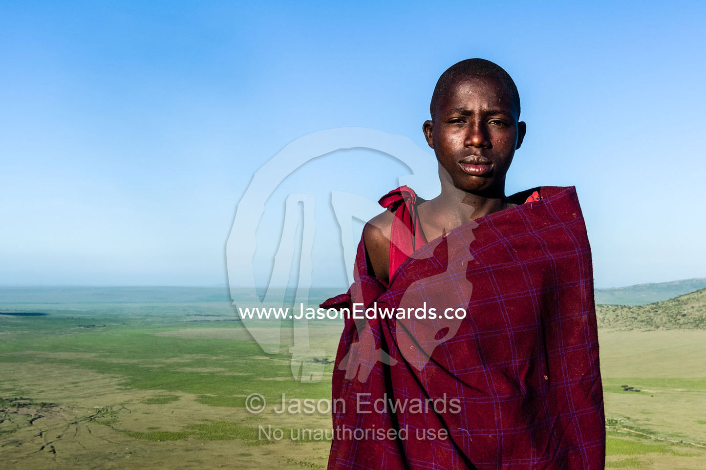 A Maasai warrior and cattle herder on a mountaintop overlooking a savannah plain. Arusha, Nasera Rock, Angata Kiti Valley, Ngorongoro Conservation Area, Crater Highlands, Tanzania, Africa.