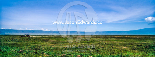 A safari 4WD drives along a dusty track across the savannah floor of a volcano caldera. Ngorongoro Crater, Ngorongoro Conservation Area, Ngorongoro District, Tanzania.