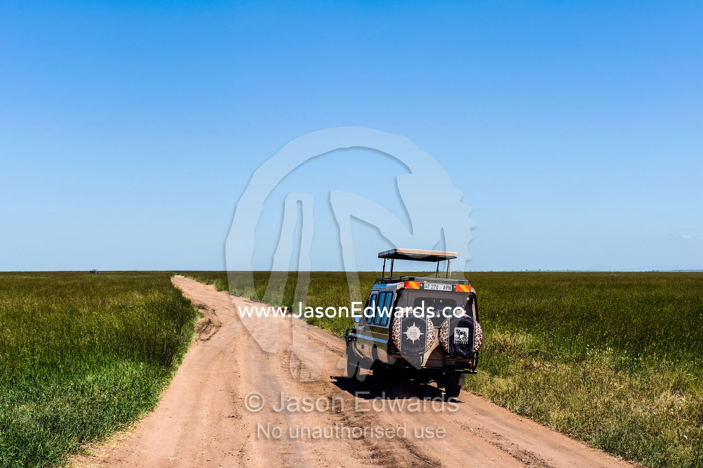 A 4WD safari vehicle drives across the vast savannah plain along a dirt road. Serengeti National Park, Serengeti, World Heritage Site, Tanzania.