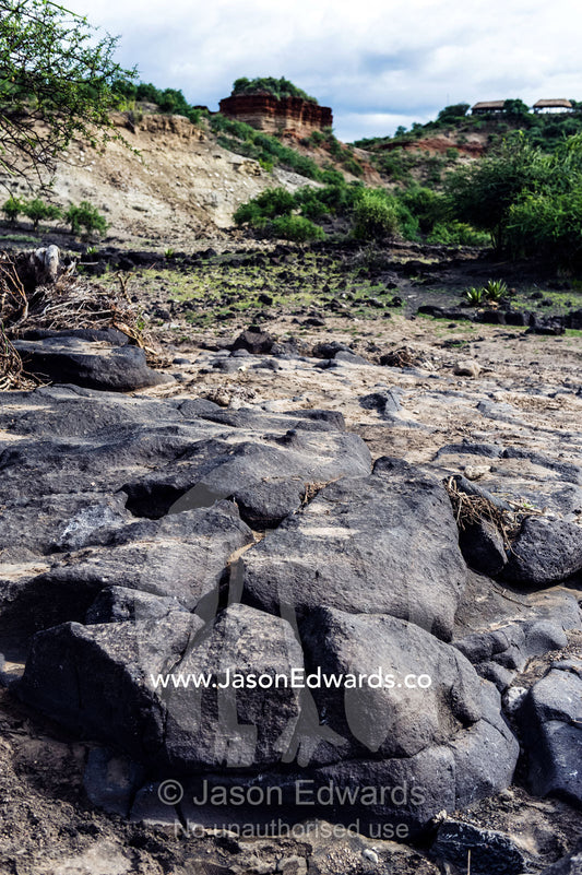 Eroded rocks in a dry river bed flowing through an arid gorge. Olduvai Gorge, Ngorongoro Conservation Area, Serengeti Plains, Arusha District, Tanzania.