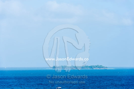 An offshore island surrounded by the blue waters of the Indian Ocean. Stone Town, Mji Mkongwe, Zanzibar, Unguja Island, Zanzibar, Tanzania.