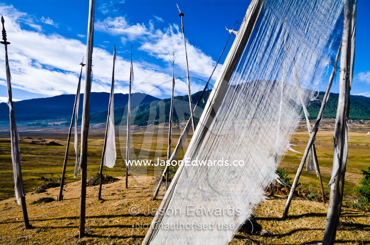 The translucent cloth of a prayer flag fluttering in the wind above a Himalaya wetland. Phobjikha Conservation Area, Phobjika Valley, Phobjikha Valley, Gangteng Valley, Black Mountains, Bhutan.