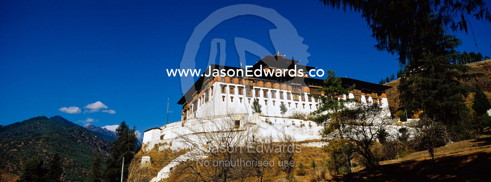 An ancient Buddhist monastery perched on a hillside overlooking a Himalaya valley. Rinpung Dzong, Paro Dzong, Paro, Paro District, Bhutan