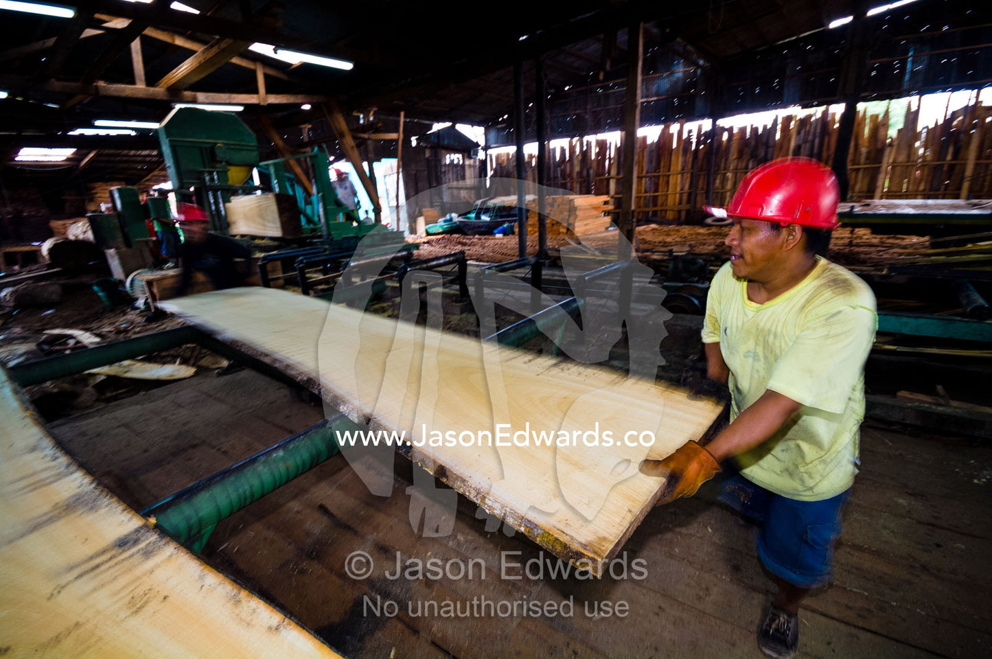 A laborer sliding rainforest timber from a bandsaw in a logging mill. Puerto Masusa, Iquitos, Amazon River, Rio Amazonas, Amazon Basin, Loreto Region, Maynas Province, Peru.