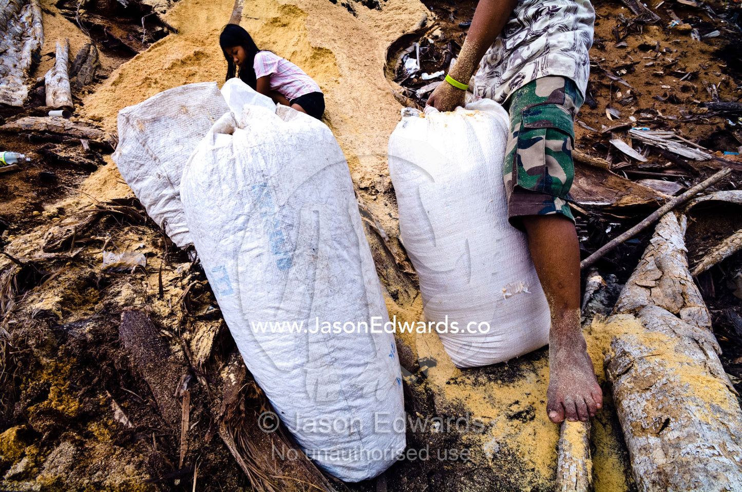 Children work collecting fresh sawdust from the off cuts of an amazonian timber mill. Puerto Masusa, Iquitos, Amazon Basin, Loreto Region, Maynas Province, Peru.