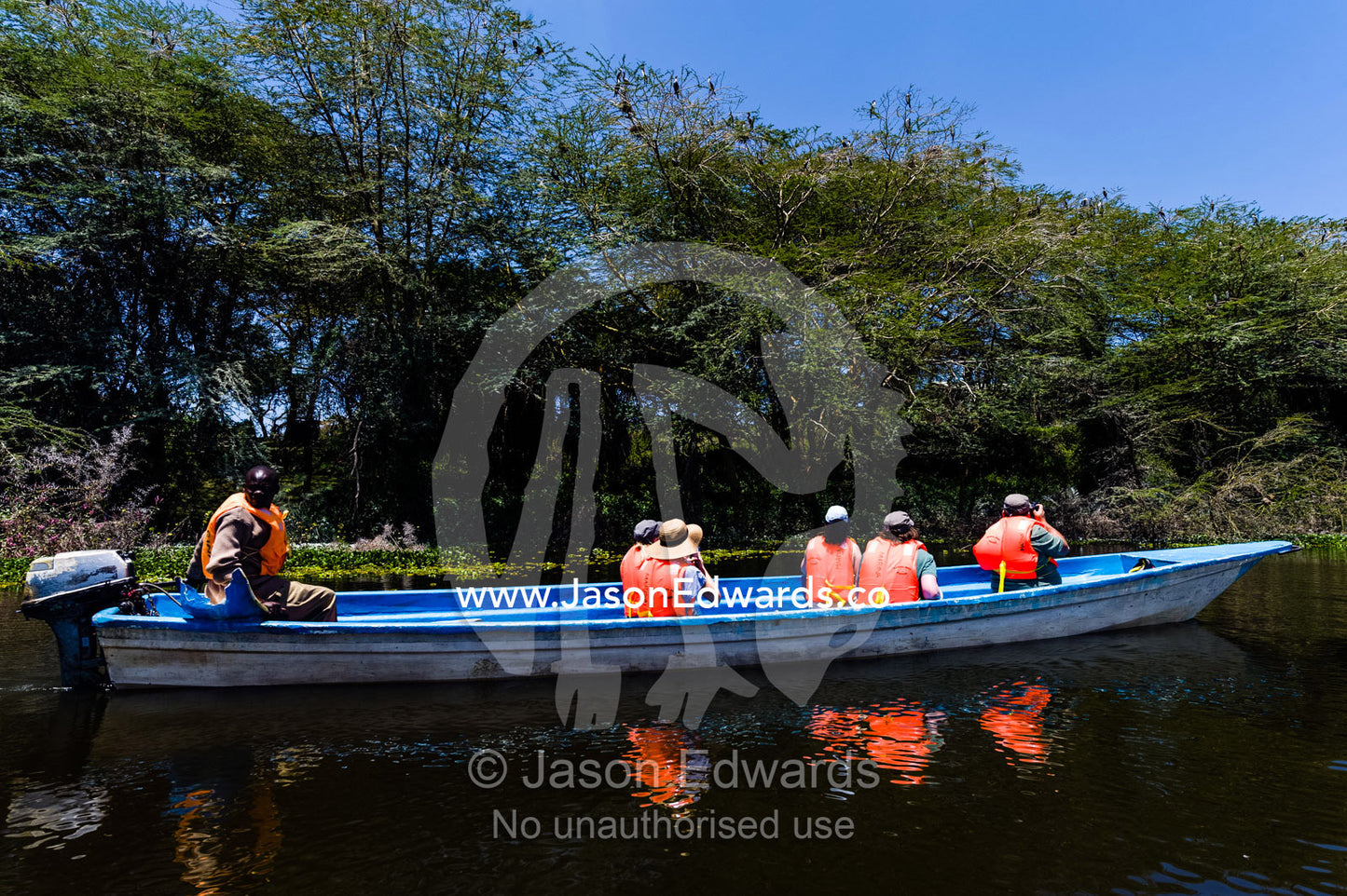 Tourists wearing life-jackets explore the shoreline of Lake Naivasha in a motorboat. Lake Naivasha, Nakuru County, Great Rift Valley, Kenya.