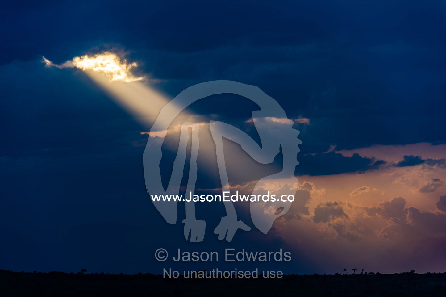Pastel sunrays pierce storm clouds descending into the horizon at sunset. Maasai Mara National Reserve, Narok County, Kenya.