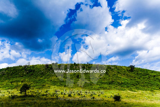 Storm clouds build over the summit of a small hill rising above the savannah plain. Lake Naivasha, Nakuru County, Great Rift Valley, Kenya.