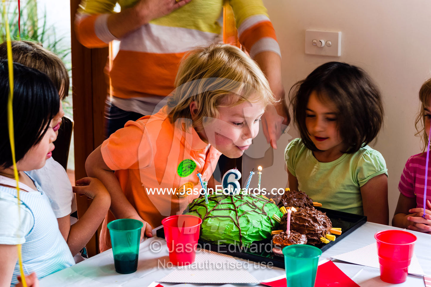 A boy blowing out the candles on his cake at his birthday party surrounded by his friends. Carlton North, Melbourne, Victoria, Australia.