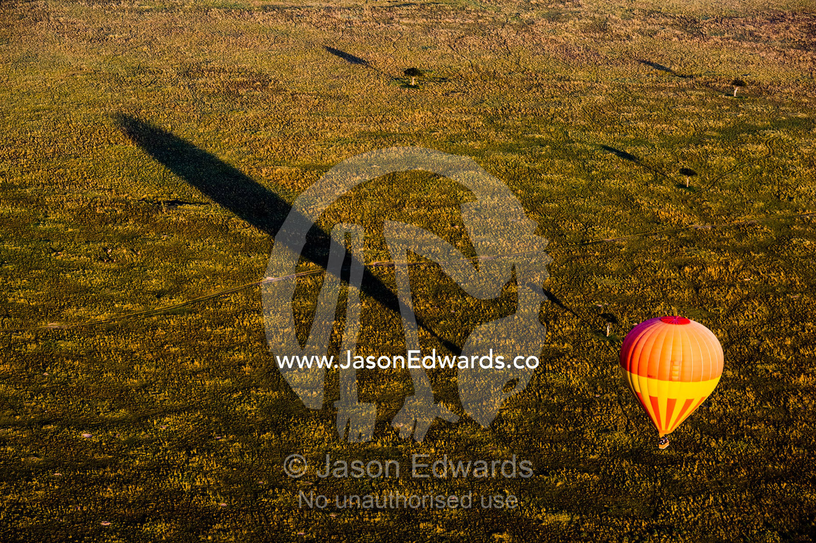 A hot air balloon casts a long shadow over the short grass plains of the African savannah. Maasai Mara National Reserve, Masai Mara, Narok County, Kenya.